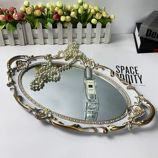 New Oval Vintage Mirror Tray for Photography Props, Vanity Cosmetic Storage Tray, Amazon Export