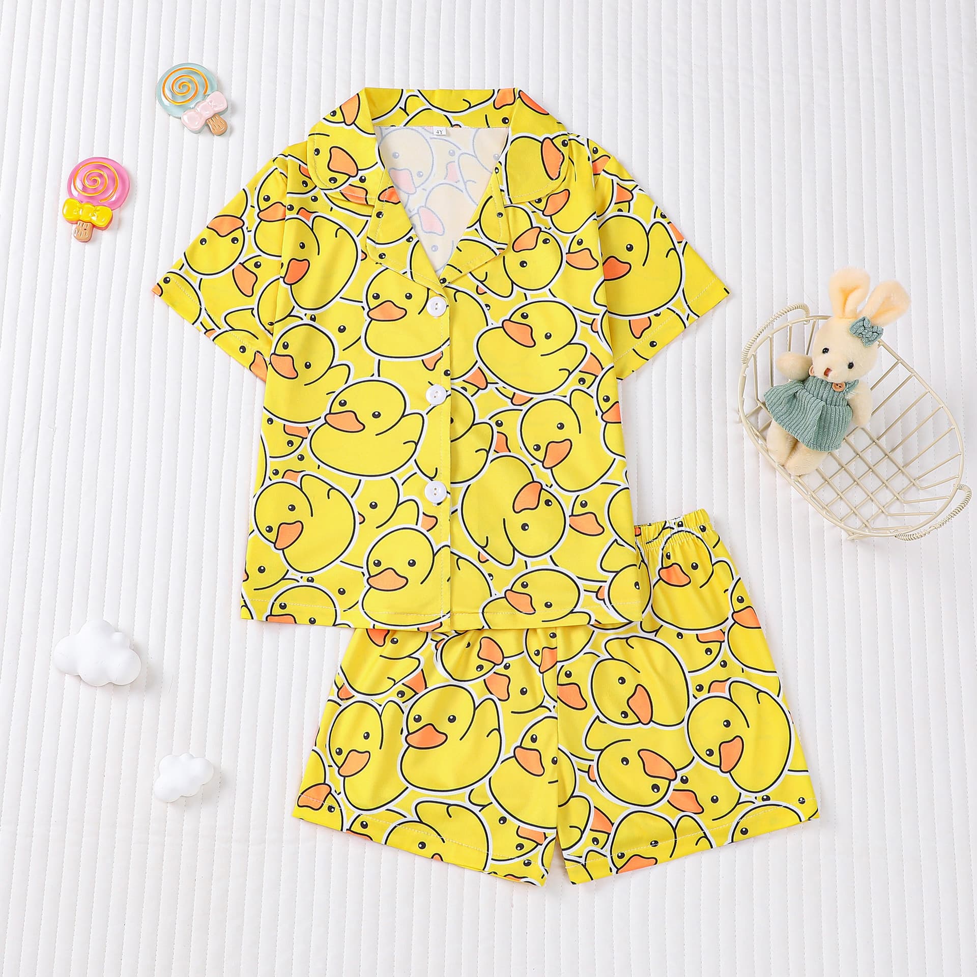 Cross-border foreign trade new four-season medium kids girls pajama set short sleeve shorts cardigan printed kid pajama