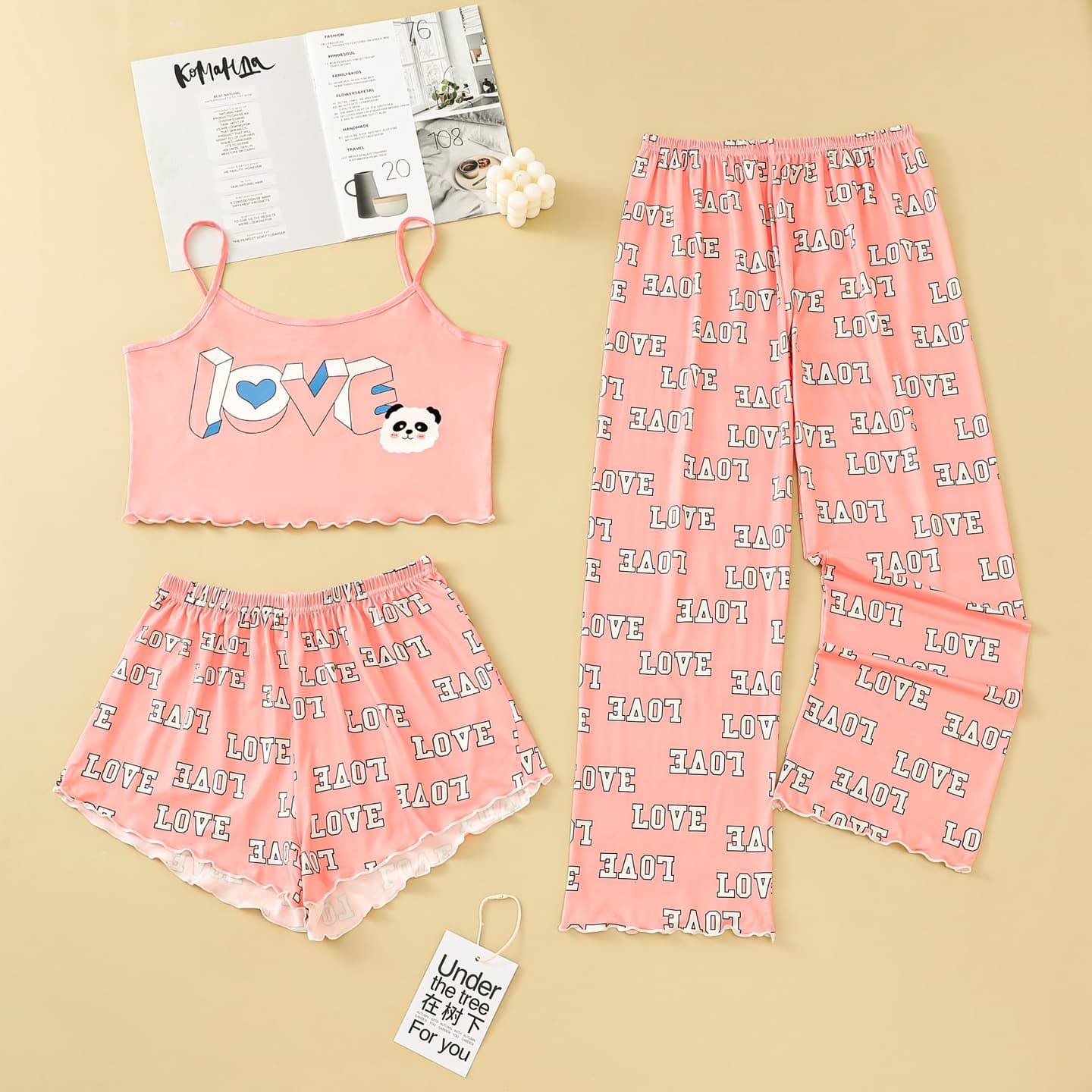 Women's Summer Pajama Set 3-Piece Cute Sweet Cartoon European and American Style Camisole Loungewear Wear-Out Set