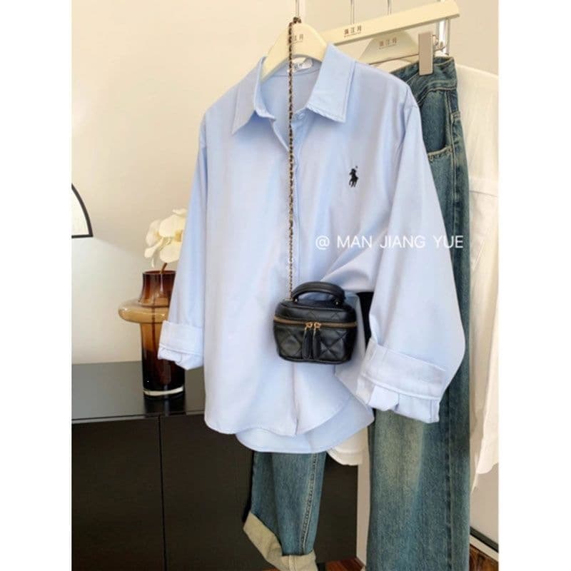 Pony Embroidery Shirt for Women, Loose Korean Style Minimalist High-End Design Commuter Blouse, Fashion Casual Long-Sleeve Top