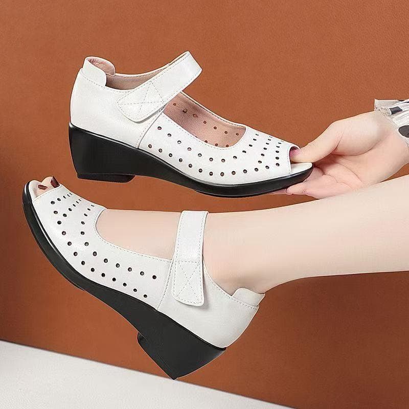 Soft Leather Platform Wedge Sandals for Women 2026 Summer New Style Thick Sole Fish Mouth Mother Sandals Hollow Hole Shoes