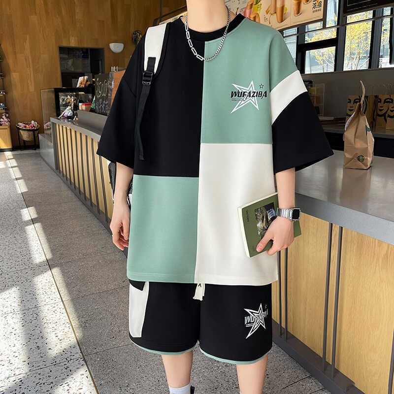 Trendy Paneled Sports Suit for Men Summer Loose Casual Short Sleeve T-Shirt and Straight Leg 5-Point Shorts Big Size Set