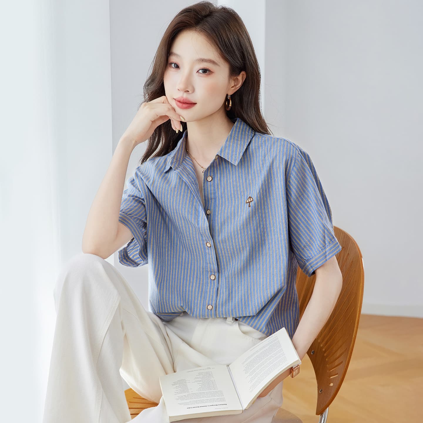 Cotton Cocoon Blue Striped Blouse for Women, Three-Quarter Sleeve, 2026 Summer New Arrival, Artistic Vintage Top, Pure Cotton Embroidered Shirt