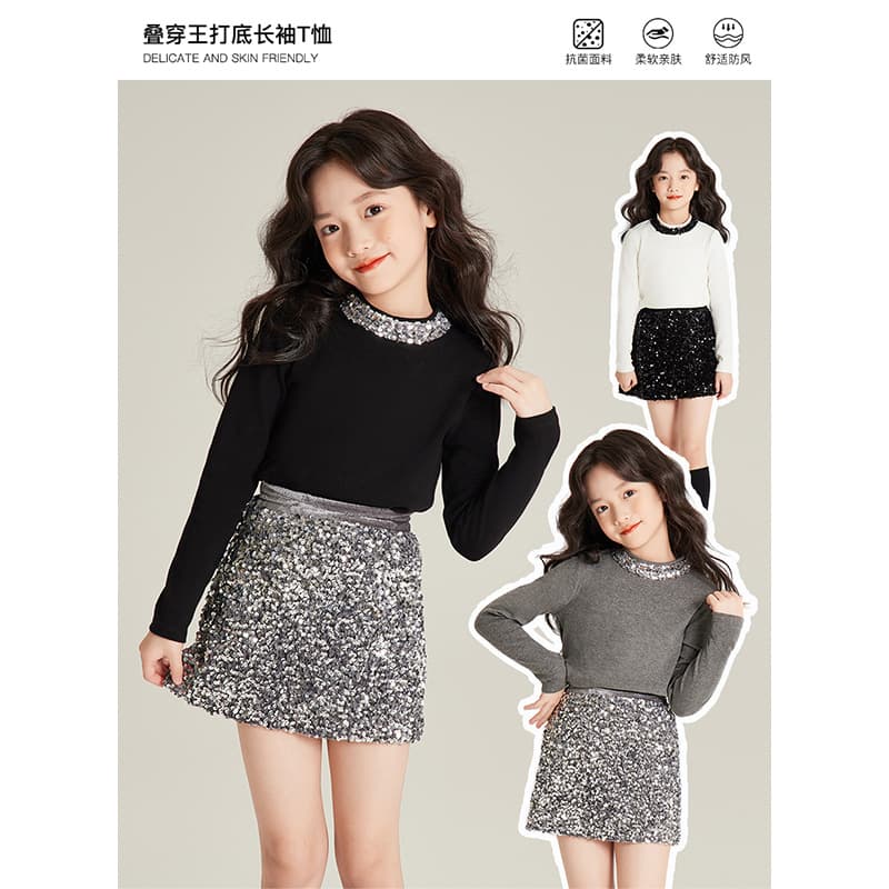 Girls' Top Spring/Autumn 2025 New Luxury Sequin Patchwork Solid Base Layer Shirt for Older Children