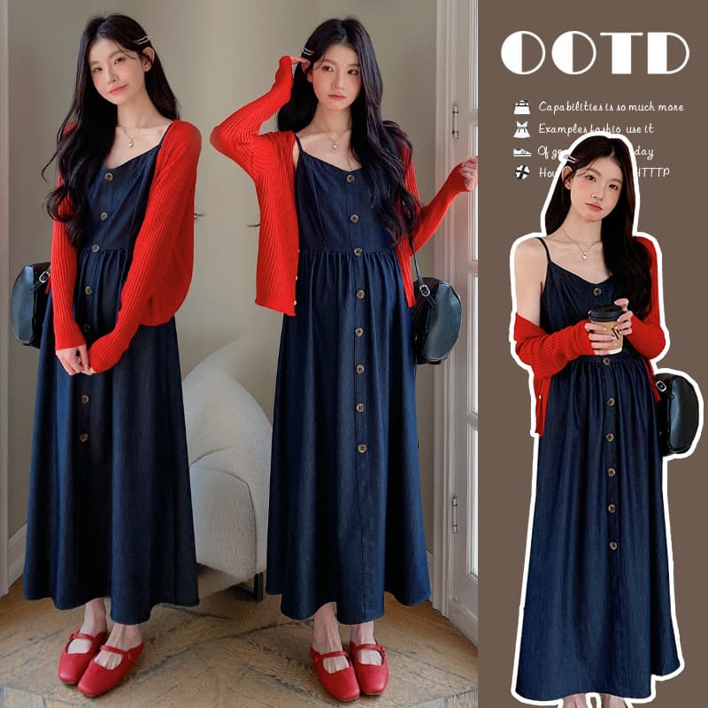 In Stock Real Photos 2025 Spring/Summer Retro Slimming Fashion Strappy Midi Maternity Dress