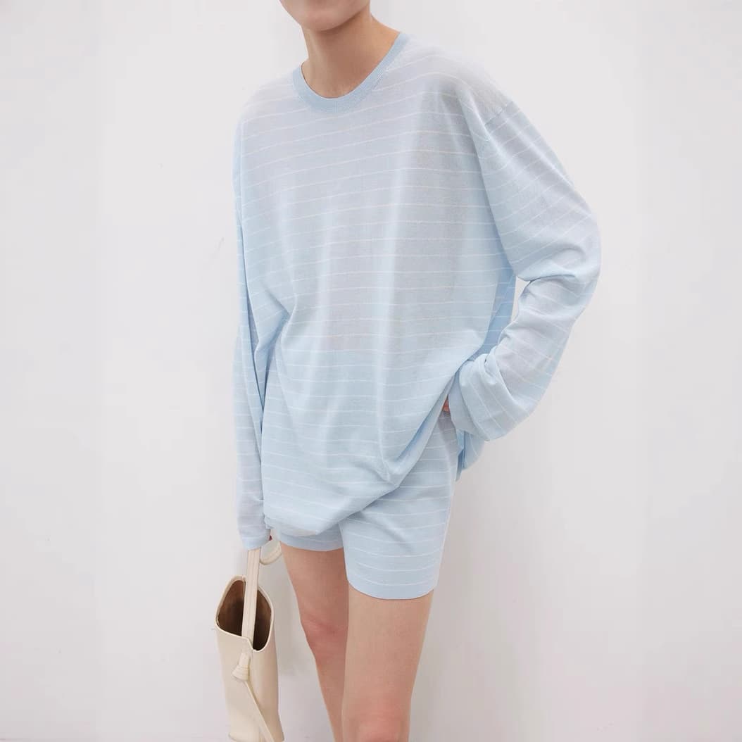 Joc Striped Walking Suit Acetate Cotton Yarn Popular Sunscreen Kendou t Elastic Waist Shorts Breathable Loose Round Neck