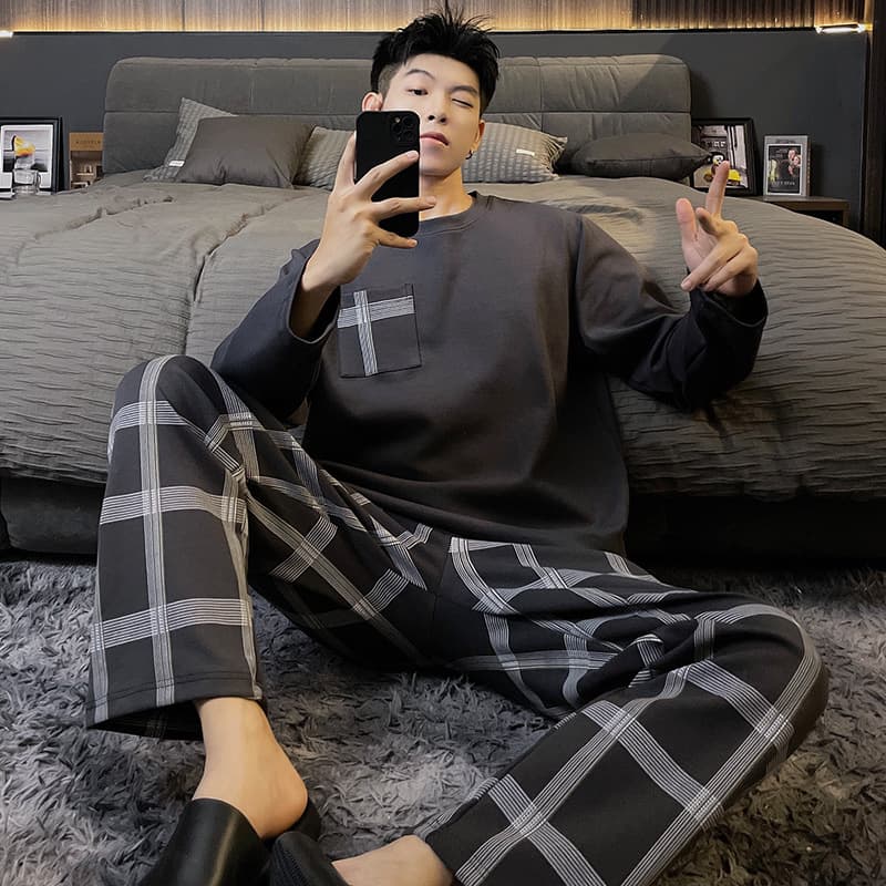 Checkered Pajama Set for Men Long Sleeve and Long Pants 2023 Fall/Winter Cotton-Like Double Pockets Wear-Out Large Size Homewear Suit
