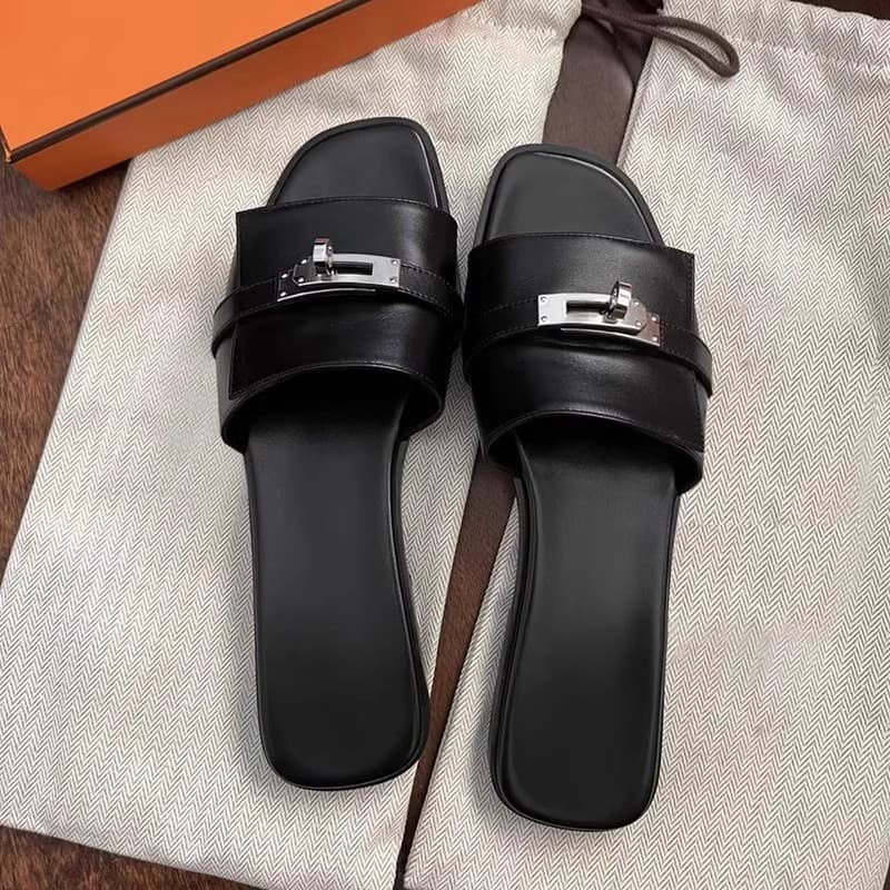 In Stock High-Quality Trending Small Buckle Flat Slide Sandals for Women, Fashionable Versatile Color-Block Square Toe Flat Sandals for Outdoor Summer Wear