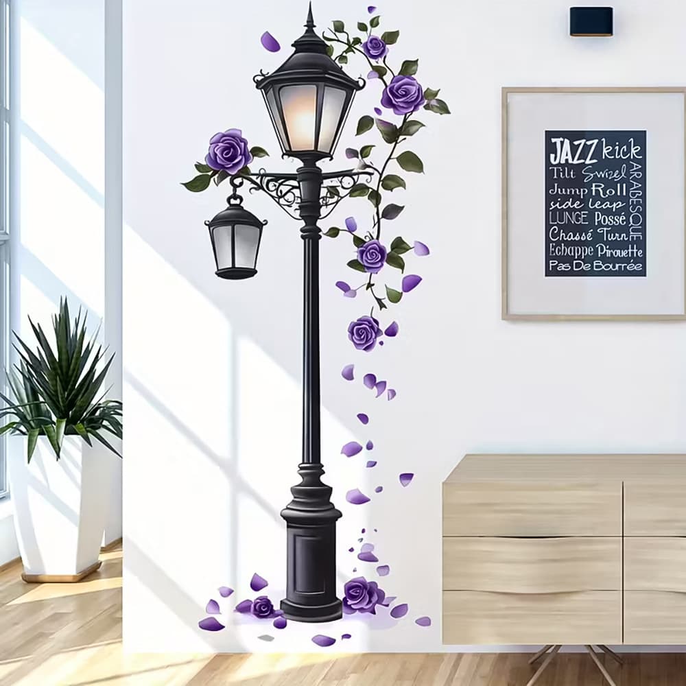 Atmospheric Purple Rose Street Lamp Creative Wall Stickers Living Room Bedroom Room Background Wall Entrance New Decorative Wall Stickers