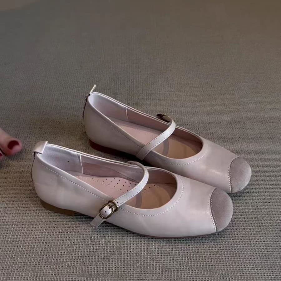 In stock lambskin version~ vintage soft-sole patchwork one-strap Mary Jane flats, women's shallow commuter flat ballet flats