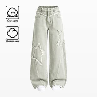 Export Stock Teen Girls Fashion Star Frayed Irregular Casual Wide-Leg Straight Jeans