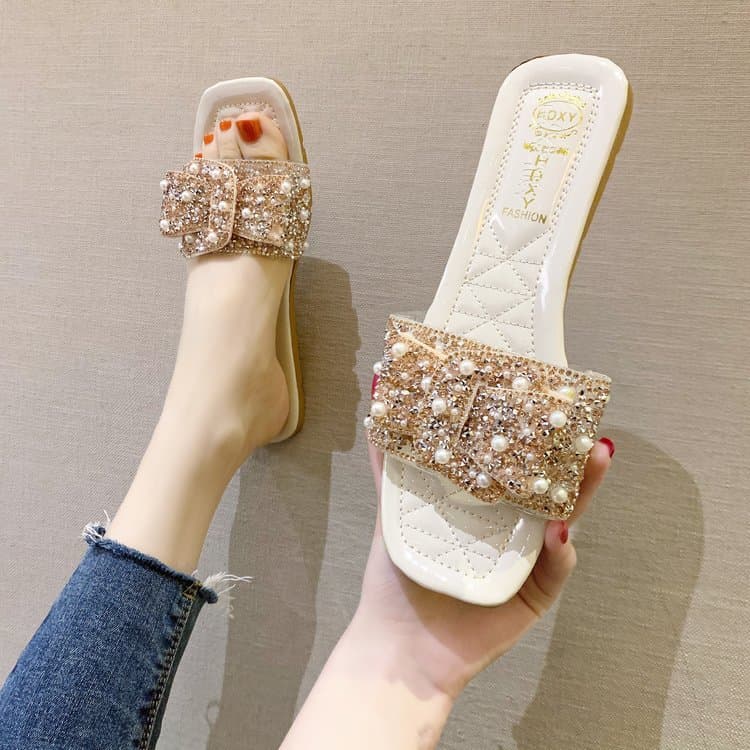 Women's Slippers 2024 New Summer Square Toe Fish Mouth Flat Sandals Outdoor Summer Slippers