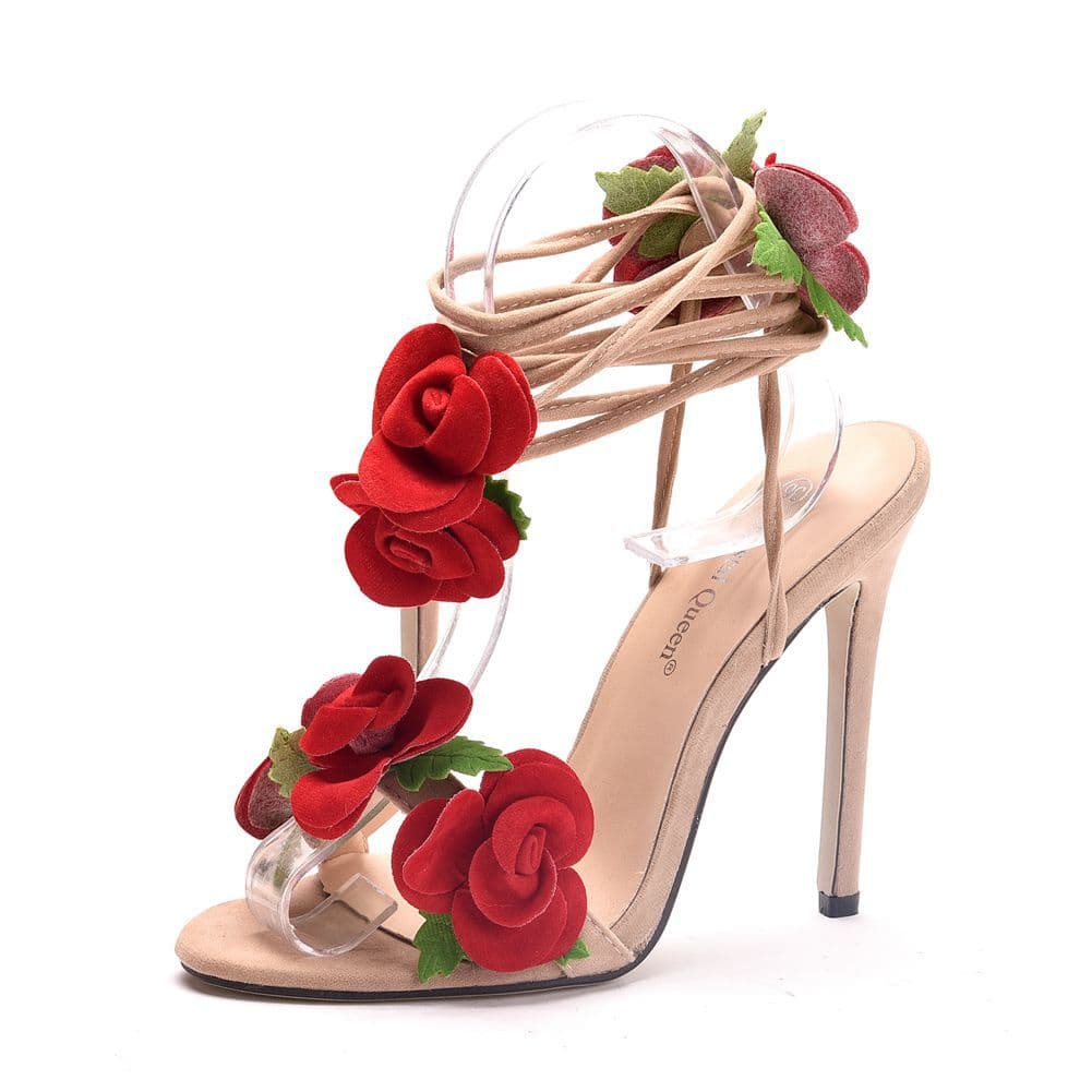 11cm Rose Flower Stiletto Heel Sandals, Export Plus Size Hollow Lace-Up Sandals, Fashion Elegant Fish Mouth Sandals