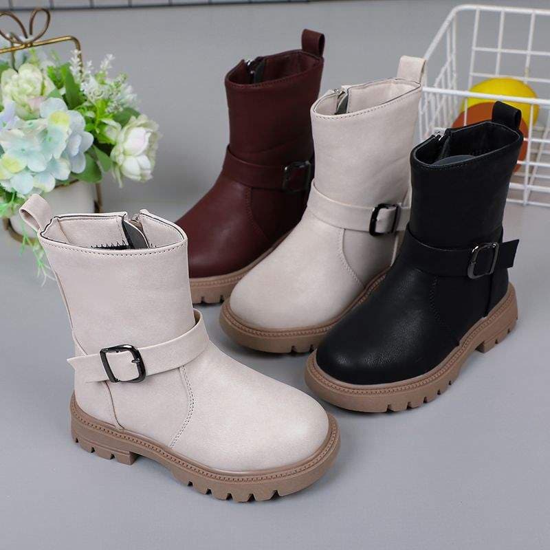 Girls Leather Shoes Autumn Winter Martin Boots 2025 New Style Middle Big Child British Style Children Mid-top Casual Shoes Single Boots