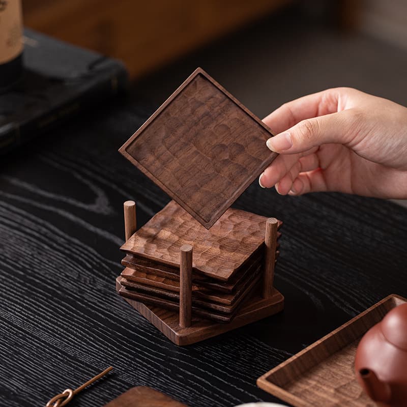 New Chinese Style North American Black Walnut Coaster Creative Vintage Solid Wood Hammered Pattern Cup Holder Heat Insulation Tea Accessories
