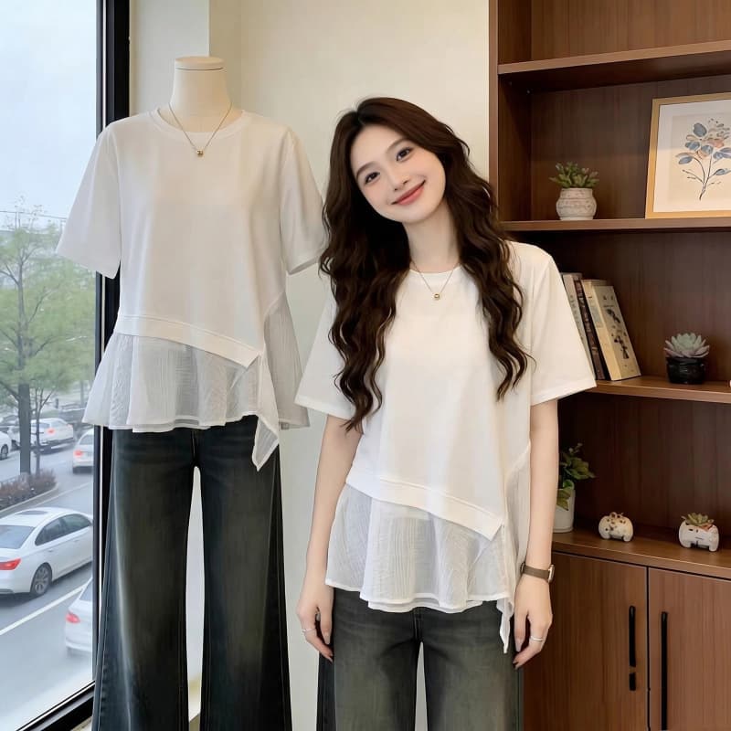 Faux Two-Layer Regular Shoulder Slimming Short Sleeve T-Shirt for Women Summer Plus Size Irregular Chiffon Hem Top