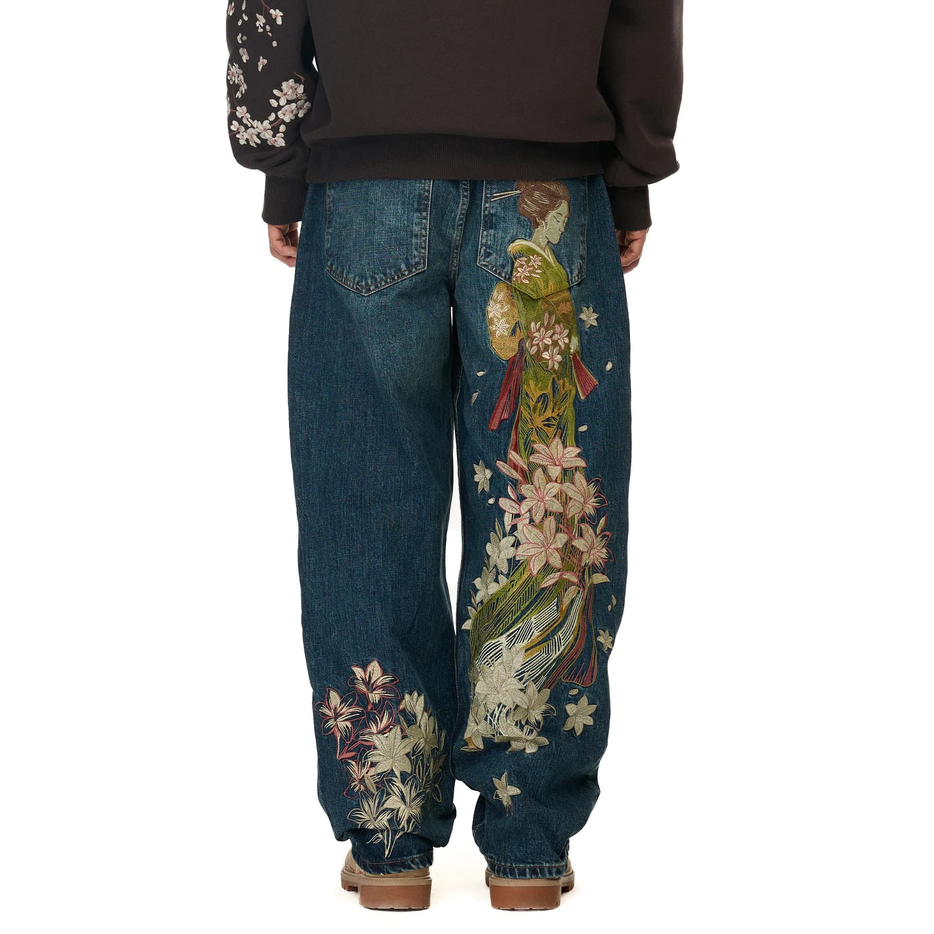 Cross-border Derschutze American Retro Embroidered Straight Leg Jeans for Men and Women, Versatile, Stylish, Streetwear, Floor-Length Pants