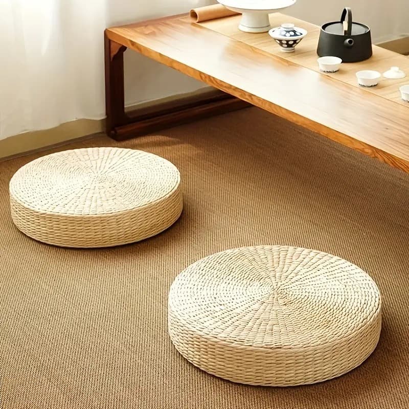 Round woven grass meditation mat, traditional Chinese Zen practice cushion, seat pad, zabuton tatami sitting mat, bay window meditation cushion, tea ceremony kneeling mat.