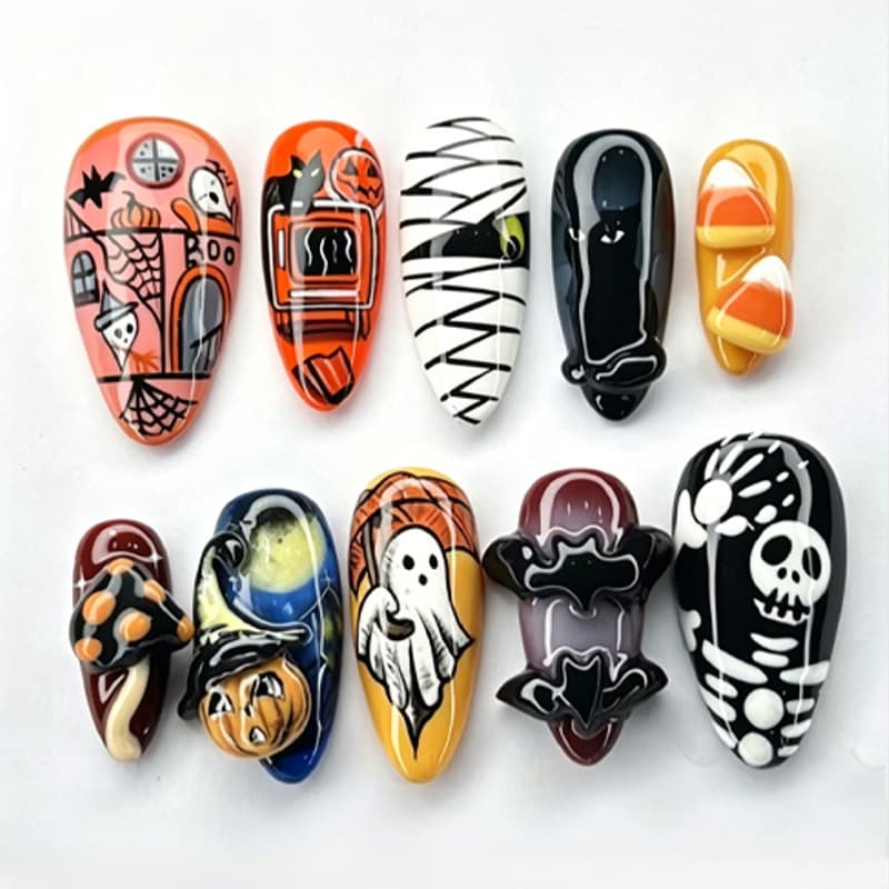 Cross-border Halloween Hot Selling Wearable Nails Bat Ghost Skull 3D Embossed Removable Fake Nails