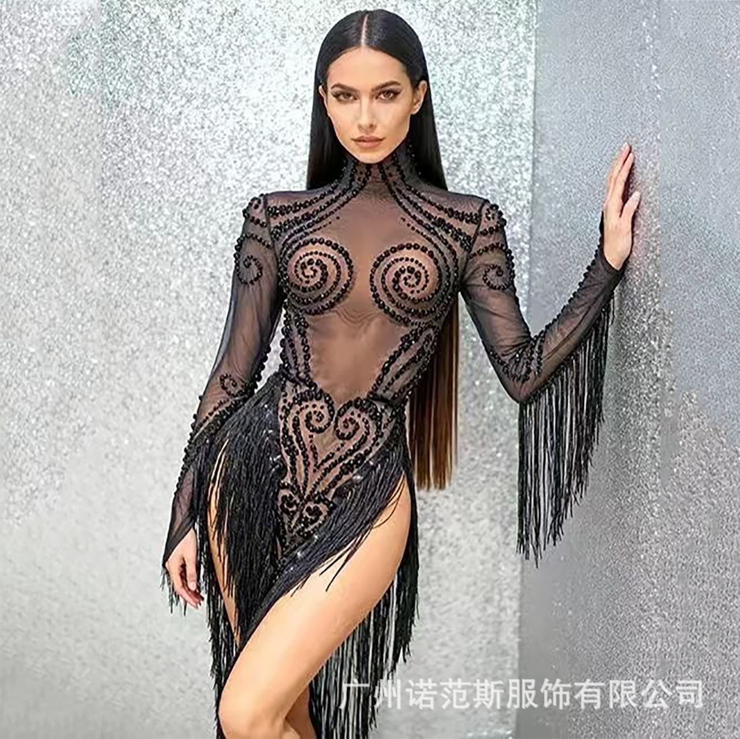 High-End Cool Black Rhinestone Fringe Irregular Hem Dress Latin Dance Cheerleading Stage Performance Costume