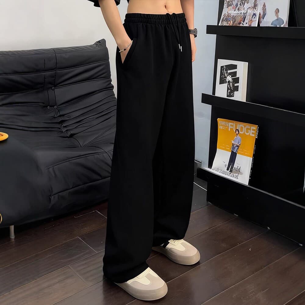 Men's Korean Loose Fit Casual Sweatpants, Versatile Wide Leg Straight Tapered Relaxed Style Floor-Length Pants, Washed Curved Leg Sweatpants for Men