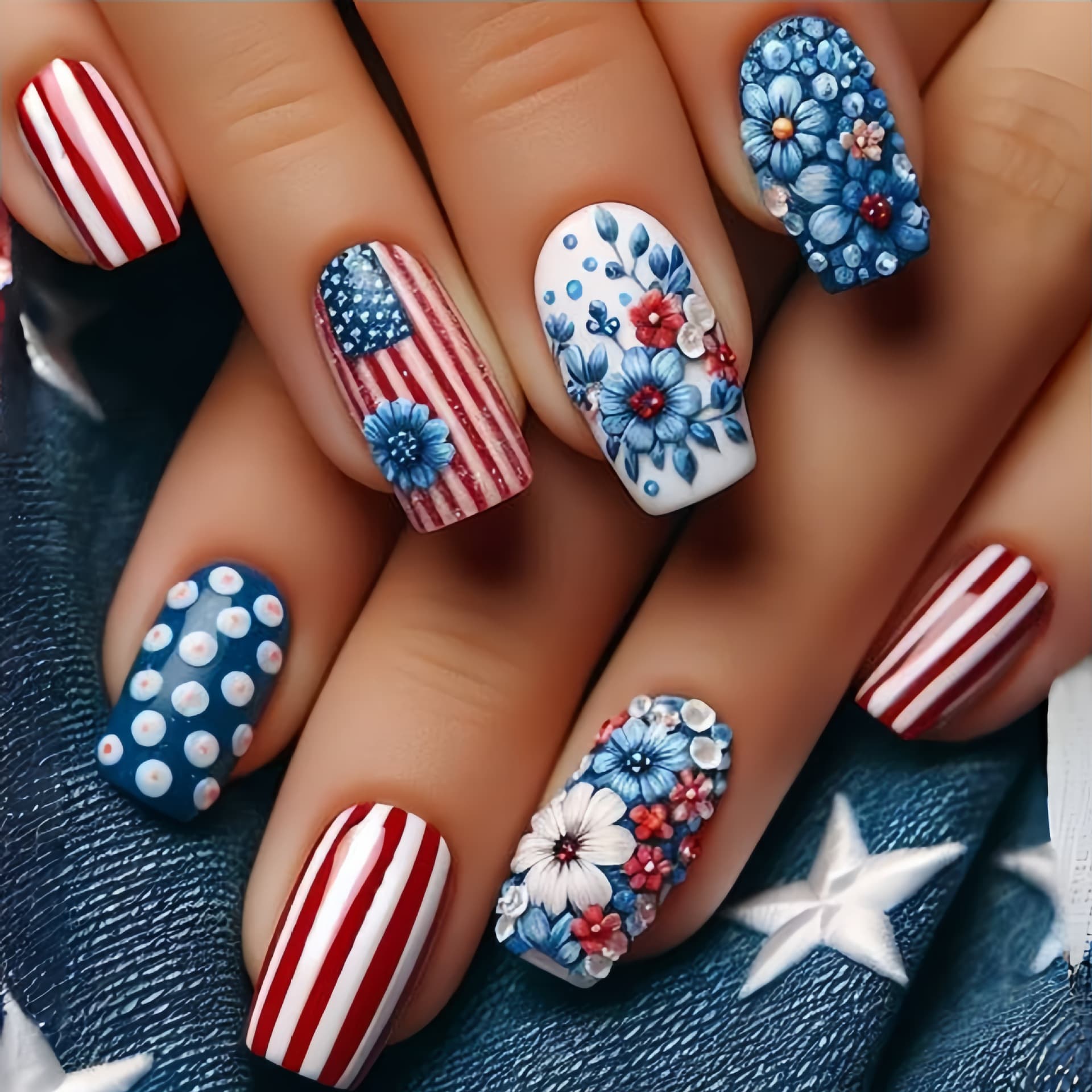 Press-On Nail Tips Blue Nails Medium-Long Square Nail Tips Independence Day Nails