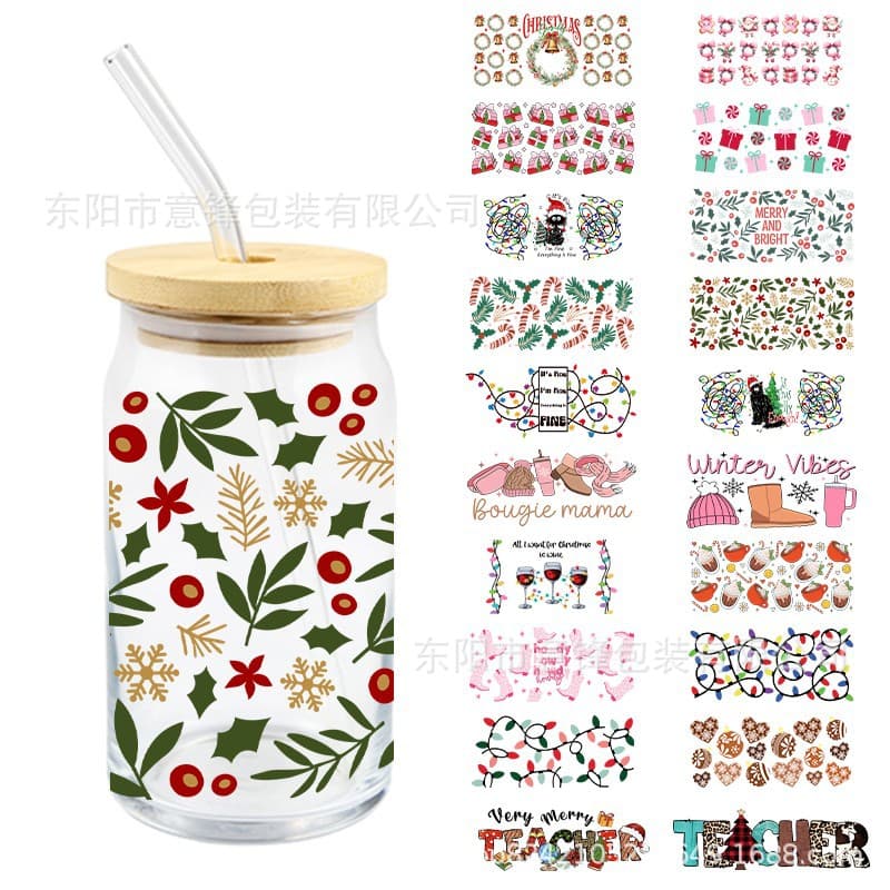 Christmas snowflake elk candy cane UV DTF transfer crystal transparent stickers Diy glass cup special waterproof