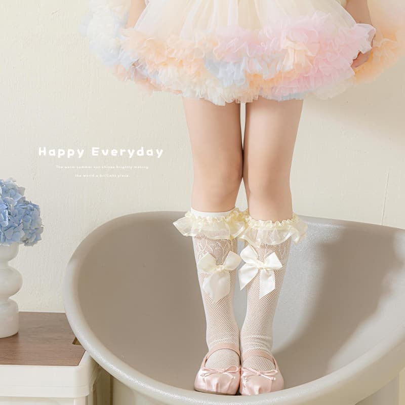 Misscucudog girls' Lolita pile socks spring and summer thin lace bow lace cute stockings