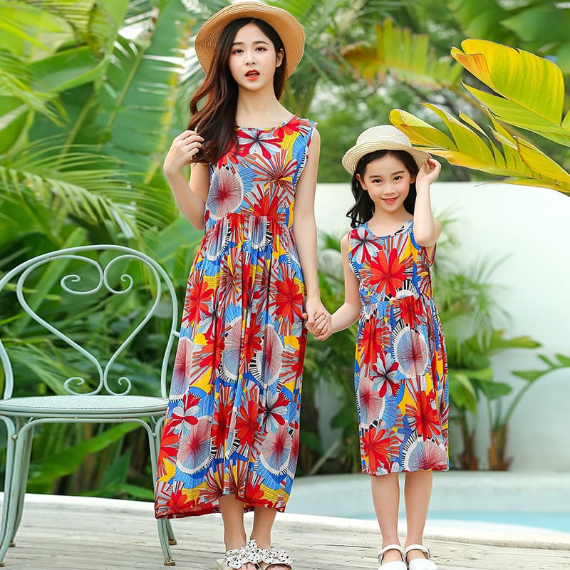 Fashionable Floral Princess Skirt Children's Cotton Silk Summer Dress A-Line Beachwear Strapless Dresses for Mother Daughter