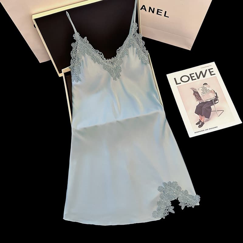 Women's Pajama Set: Pure Desire Style Camisole Dress, Summer Thin Ice Silk V-Neck Nightgown, Sexy Slip Dress, Loungewear