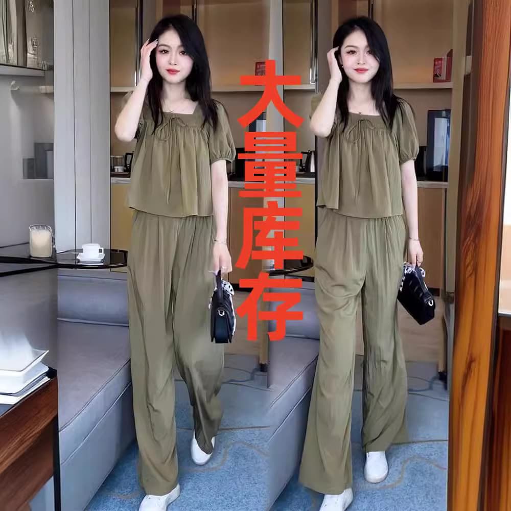 Fashionable Casual Summer Set 2024 New Square Neck Puff Sleeve Top Wide Leg Pants Two-Piece Set for Women