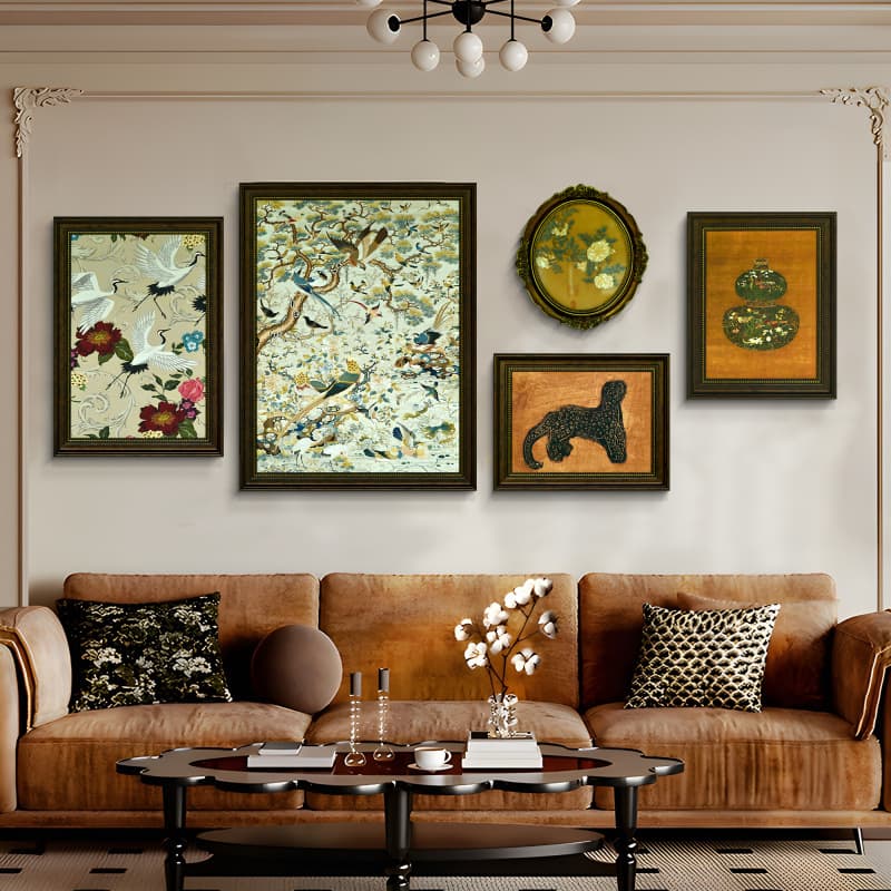 Mid-century style living room set decorative painting, niche art, high-end feel, French retro floral and bird 7090