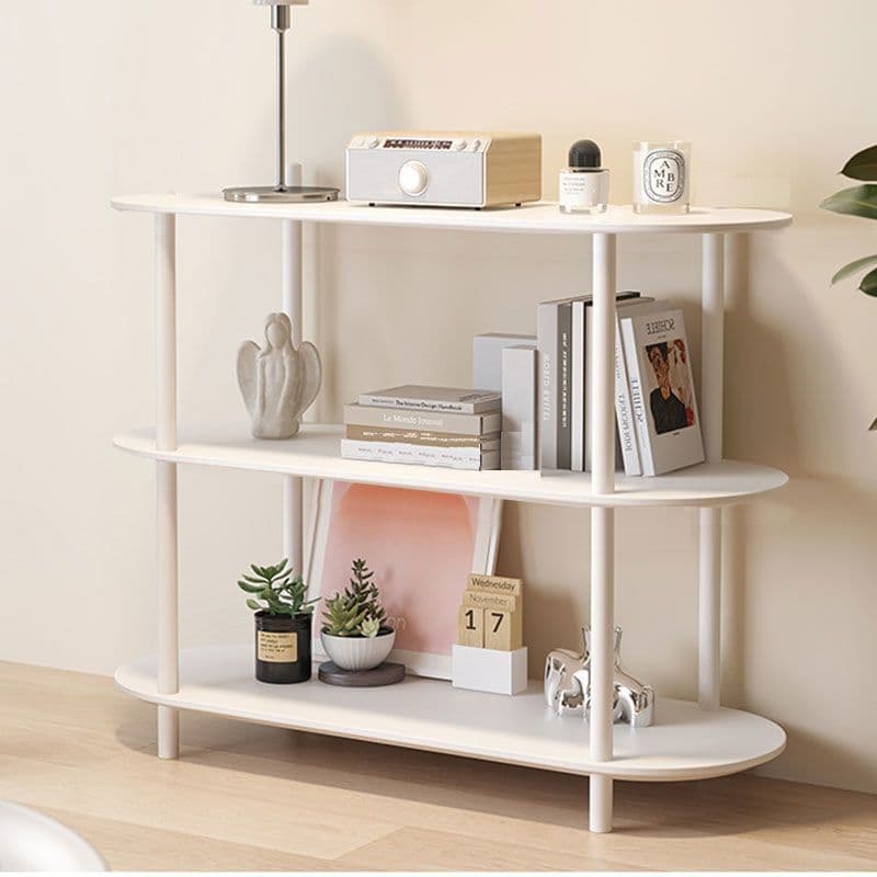 Floor-standing multi-tiered cream-colored display cabinet for living room and bedroom storage, an Instagram-worthy home bookshelf.