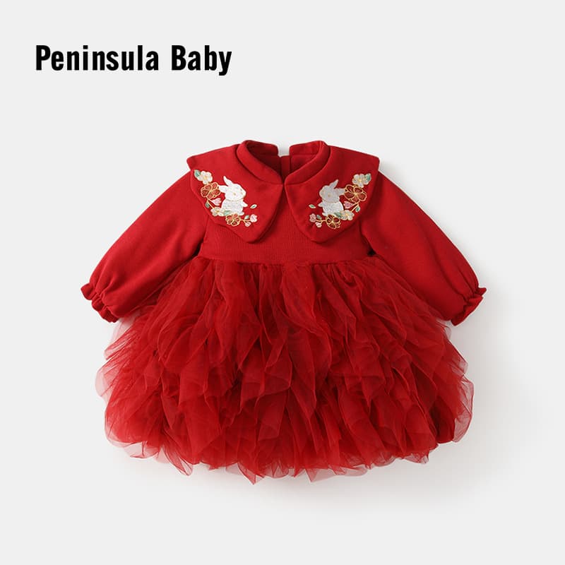 25 Winter Style Baby Girl Thickened Fleece-Lined Dress Warm Tutu Skirt with New Year's Greeting Bunny and Flower Embroidery Red Dress