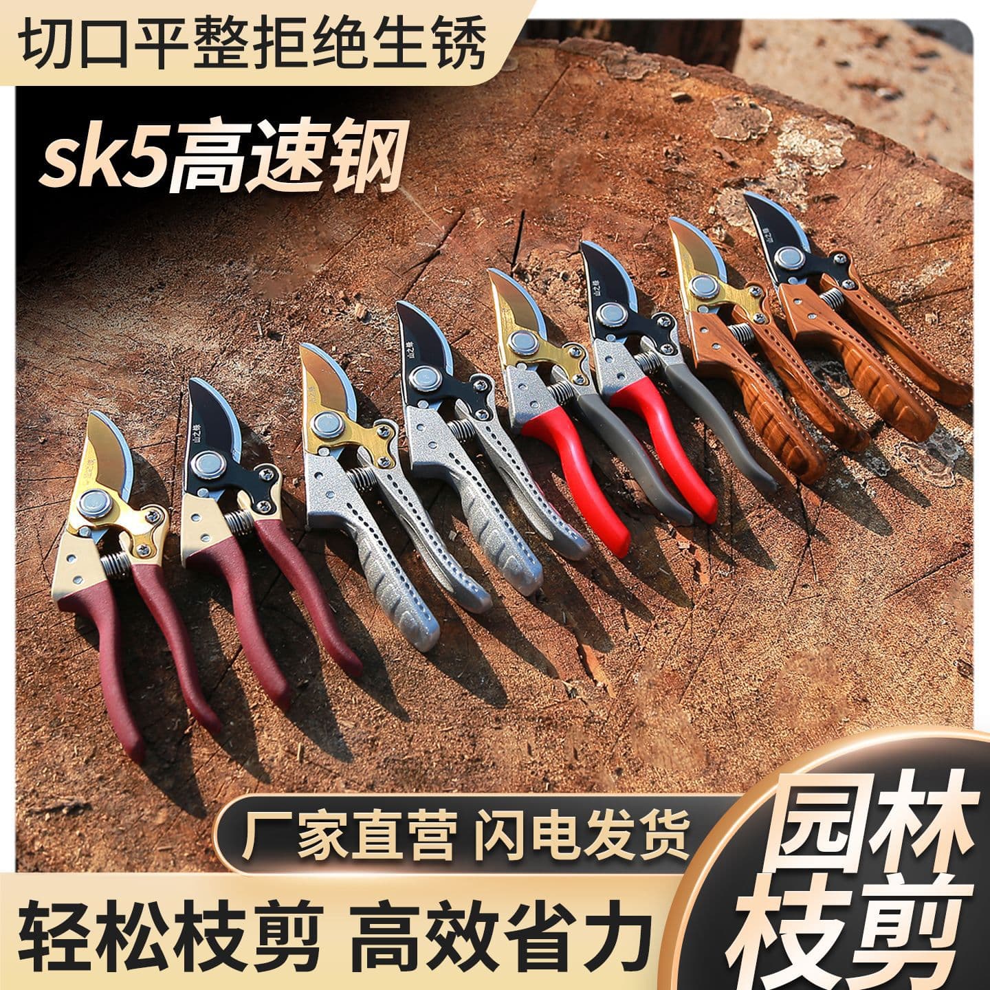 The new SK5 pruning shears with a wood grain handle are labor-saving gardening tools for pruning fruit trees and flowering branches.