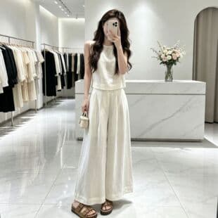 Summer OOTD Korean-Style Outfit Set Salted Premium Casual Lazy Sleeveless Top Wide-Leg Pants Two-Piece Set