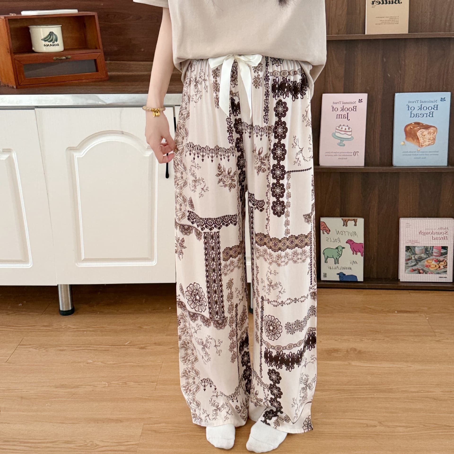 Laisai Cotton Silk Wide Leg Pajama Pants, Loungewear Pants, Loose Casual Wear, Plus Size 40s Women's Thin Long Pants