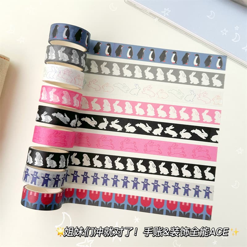 Korean Instagram Same Style Cute Rabbit Penguin Washi Tape Scrapbook Decoration Materials Stickers Full Roll 3m Alternative