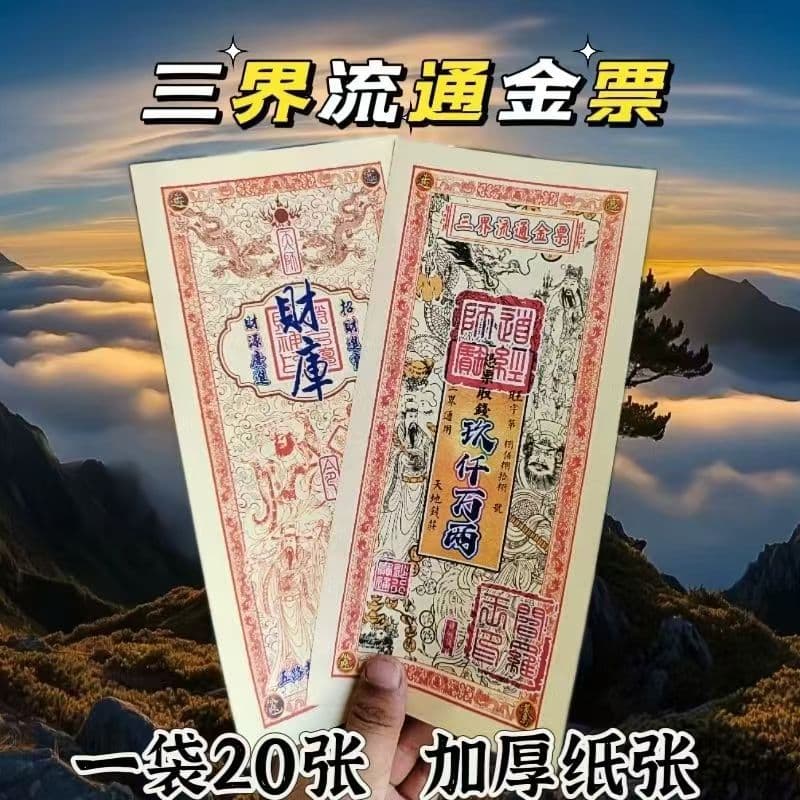 New Three Realms Circulation Gold Vouchers, Wealth God Set of 20 Sheets, Size 13x28 cm, Thickened Paper for Couplets