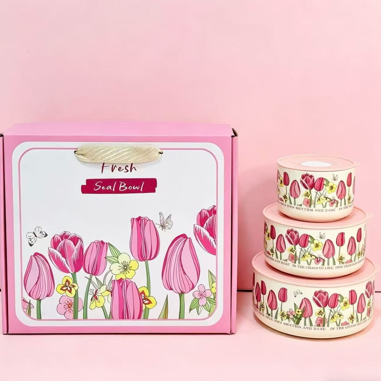 Ceramic Fresh-Keeping Bowl Tulip 3-Piece Set Business Gift Raffle Prize Sealed Lid Instant Noodle Bowl Souvenir