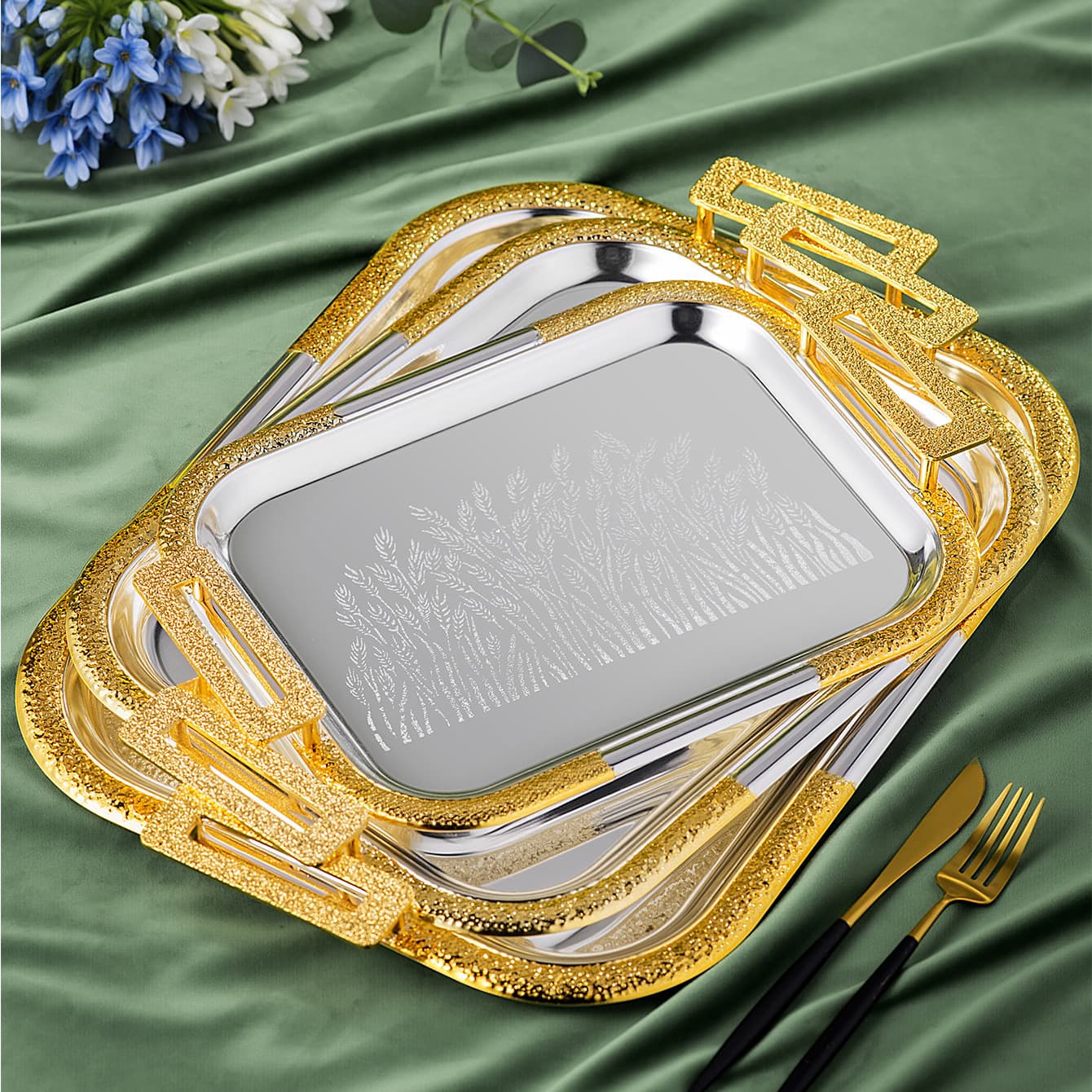 Middle Eastern Light Luxury Metal Tray Gold Rim Silver Snack Fruit Dessert Cake Rectangular Storage Serving Plate Display Tray
