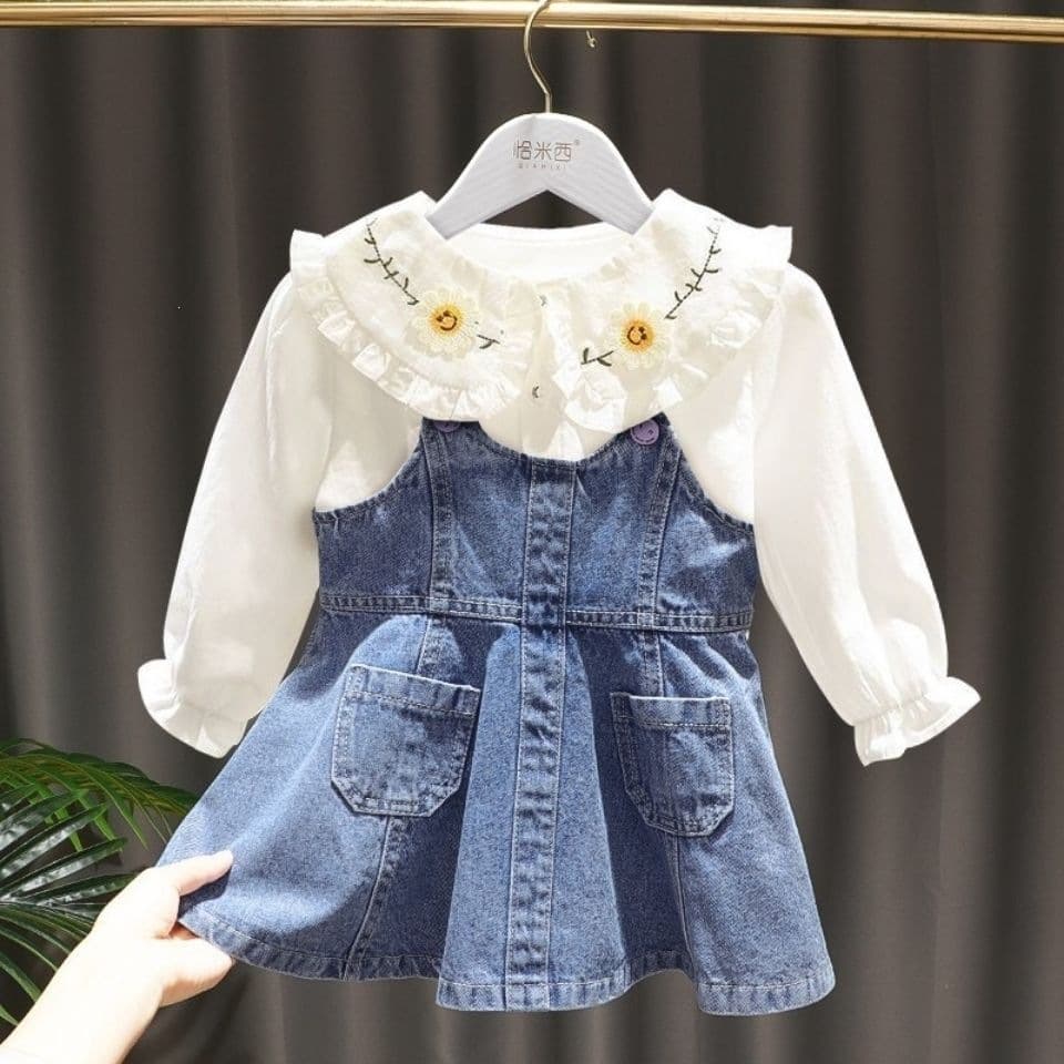 Girls Denim Overall Skirt Set Spring Autumn Little Kids Shirt Overall Skirt Baby Stylish Dress Two-Piece Set