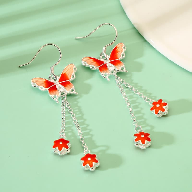 No. 8386 990 Pure Silver Enamel Colored Filigree Butterfly Plum Blossom Tassel Earrings with Cloisonné and Bell Accents