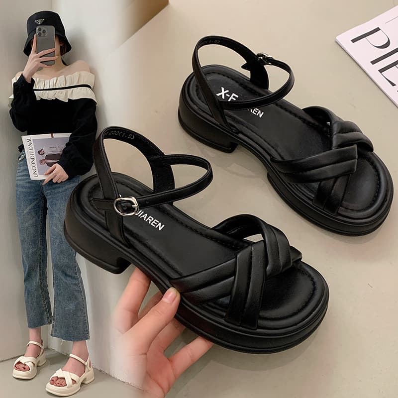 2025 Summer New Style Sandals Women Fashion Thick Sole One-Strap Buckle Cross Open Toe Versatile Sandals Platform Casual Women Shoes