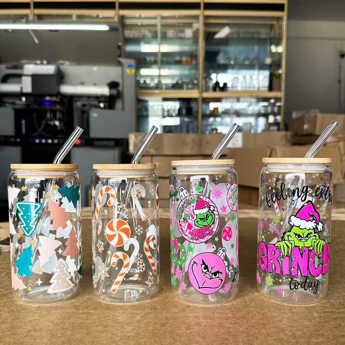 Christmas series 16oz glass Coke cup Amazon cross-border hot water cup high borosilicate straw cup custom pattern