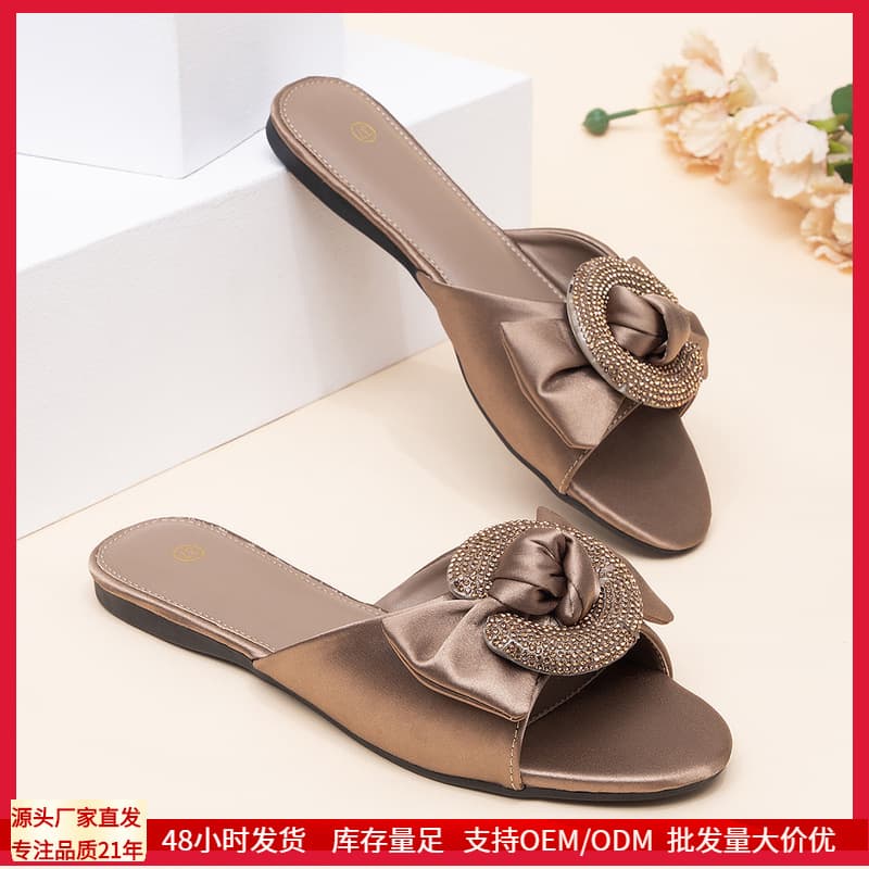 Flat Rhinestone Slippers Summer New Light Luxury Satin One-Strap Slippers for Women Home and Outdoor Wear Premium Feel
