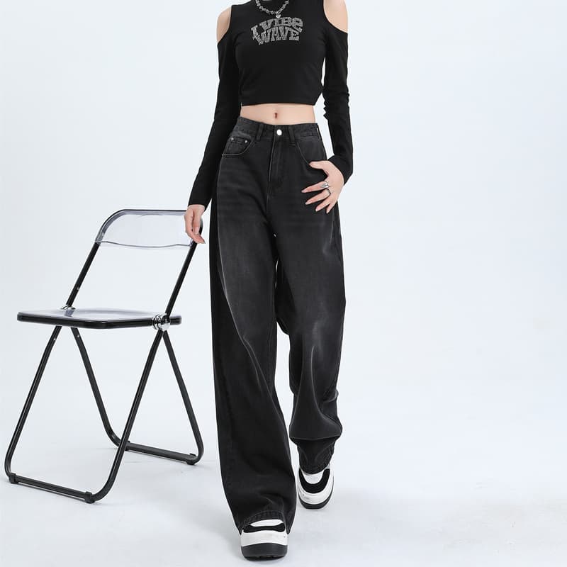 Black and gray design narrow wide-leg jeans for women in autumn high-waisted loose straight-leg slimming floor-length mopping pants