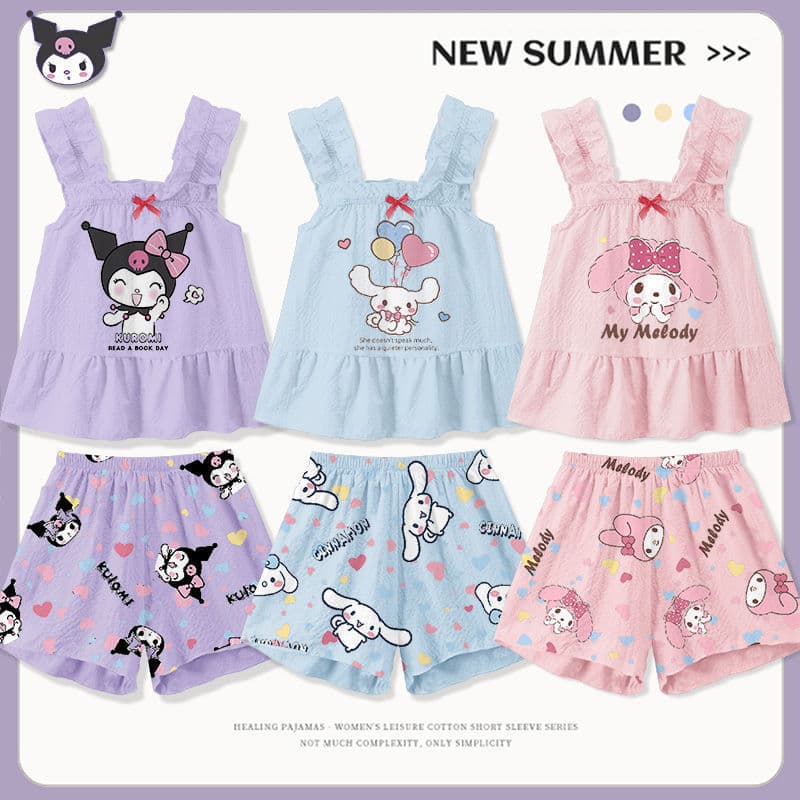 Summer Thin Kuromi Pajama Set for Girls, Homewear Baby Vest and Shorts Two-Piece Set, Girls' Camisole Trendy
