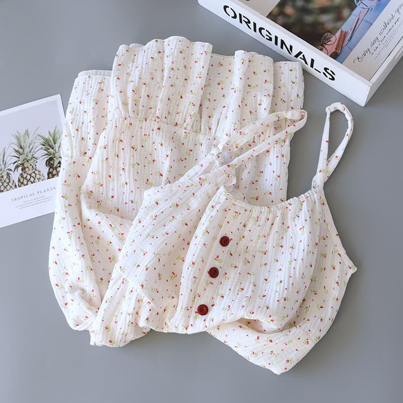 Cotton Crepe Nightgown for Women, Cotton Gauze Comfortable Sweat-Absorbent Home Skirt, Suspender Skirt, Pajamas, Pure Cotton Loose Long Skirt