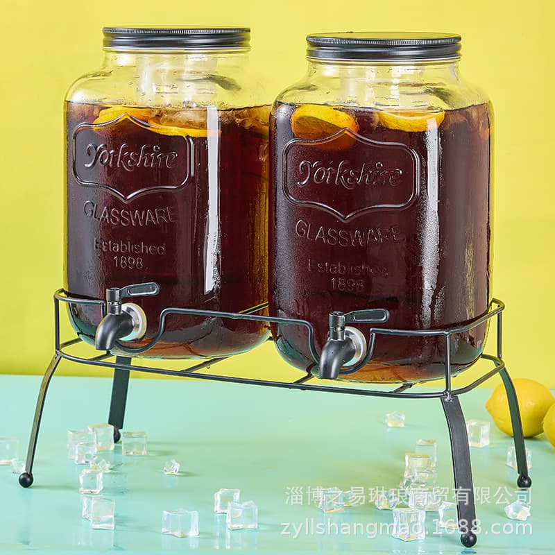 Cross-border glass beverage dispensers, juice containers, cola barrels with taps, fruit tea lemon drink barrel sets.